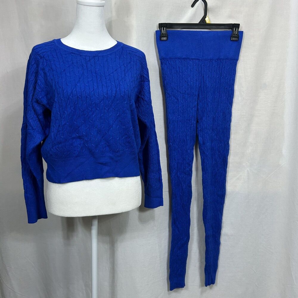 Daisy Cable Knit Set Crop Sweater High Waist Skinny Pants Royal Blue Vibrant